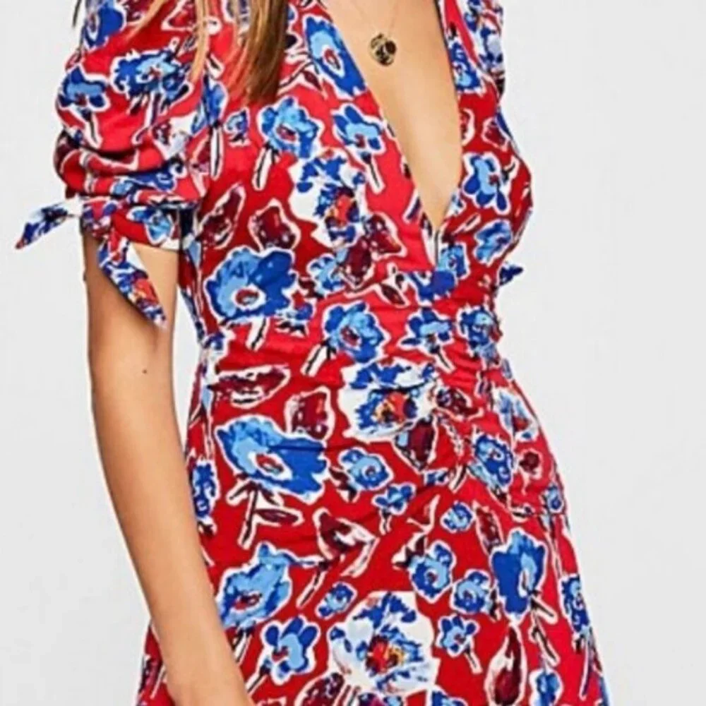 Free People Red Floral Glow Up Mini Dress 4